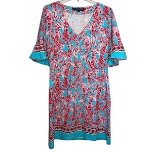 Barbara Erickson Giraffe Print Mini Dress Red Pink Turquoise Cotton Size Large